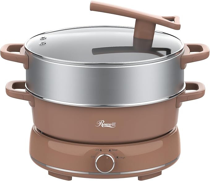Rosewill 12.7 QT Electric Hot Pot Slow Cooker with Multiple Functions, Split Design with 11.8 inch Wider Cooking Pot and SUS Steam Basket, 1600W High Power, Includes Utensils - Mocha