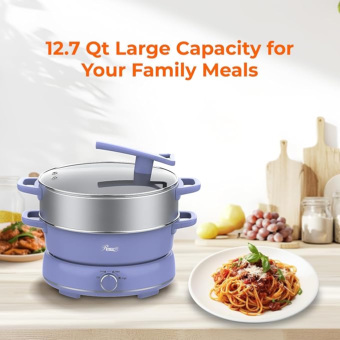 Rosewill 12.7 QT Electric Hot Pot Slow Cooker with Multiple Functions, Split Design with 11.8 inch Wider Cooking Pot and SUS Steam Basket, 1600W High Power, Includes Utensils - Iris