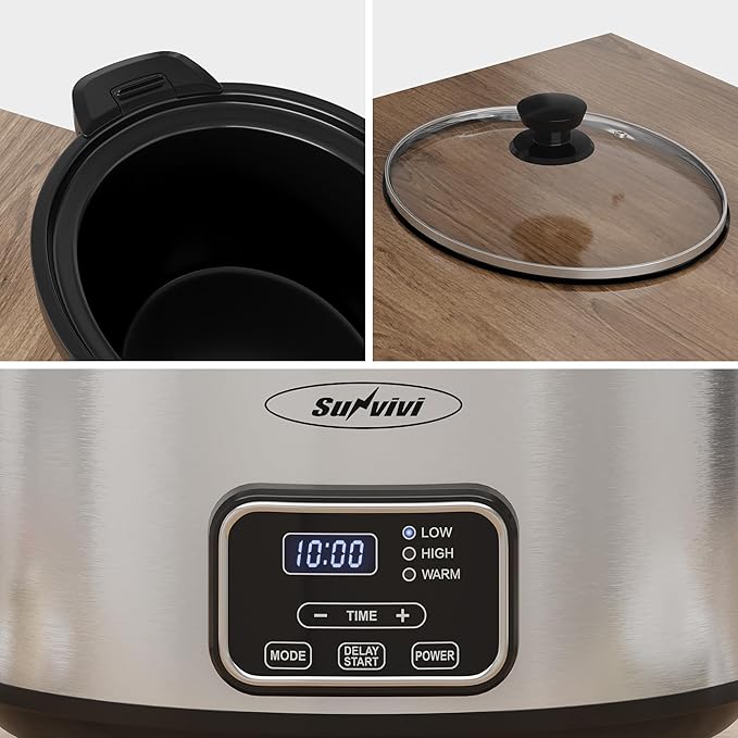 Sunvivi 4qt Slow Cooker, Programmable Slow Cooker with Locking Lid, Removable Ceramic Pot, 3 Heating Settings & Time Control, Mini Food Warmer with Dishwasher-safe Lid & Pot, Silver