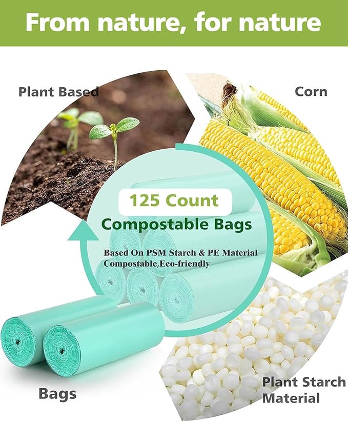 AYOTEE 100% Compostable Trash Bags, Small Compost Bags 1.3 Gallon, Small Trash Bags Compostable Bags for Kitchen Compost Bin 4.5-5 Liter, Meeting ASTM Standards Certified 125 Count