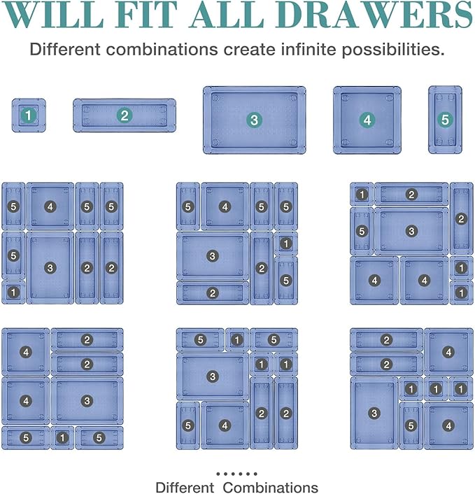 16 PCS Drawer Organizer Set, 5 Varied Size Bathroom and kitchen Drawer cabinet organizer Trays, Clear Storage Bins for Makeup, Jewelry, Utensils and Gadgets,Dark Blue