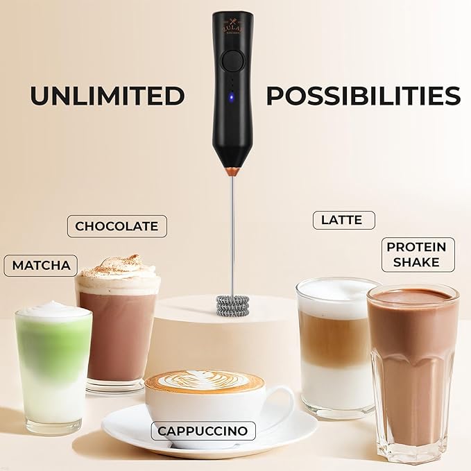 Zulay Kitchen Rechargeable Milk Frother - Dynamic - 3 Speeds, 3 Whisk Attachments, 500 mAh USB Charging, Drink Mixer For Latte, Cappuccino, Matcha, Protein Powder, Coffee Foam - Black Copper