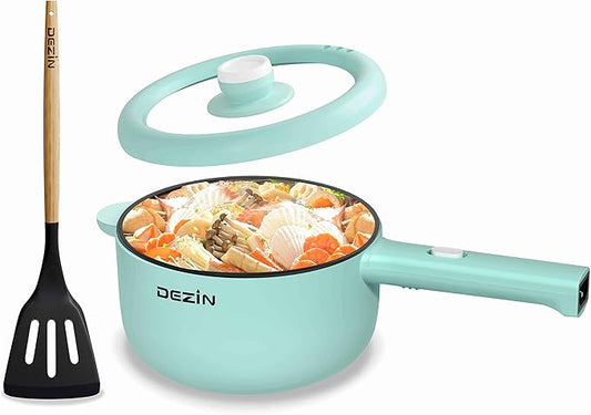 Dezin Hot Pot Electric, 2L Non-Stick Sauté Pan, Rapid Noodles Cooker, Mini Portable Pot for Steak, Egg, Fried Rice, Ramen, Oatmeal, Soup with Power Adjustment & Spatula, College Dorm Room Essential