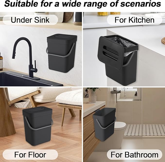 Compost Bin Kitchen, Includes 100 Trash Bags, Hanging Trash Can with Lid, Features Pet-Proof, Odor-Proof, and Quiet Opening/Closing. Suitable for Bathrooms/Bedrooms/Offices (Black, 1.3Gal/5L)