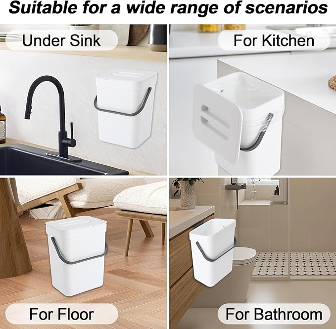 Compost Bin Kitchen, Includes 100 Trash Bags, Hanging Trash Can with Lid, Features Pet-Proof, Odor-Proof, and Quiet Opening/Closing. Suitable for Bathrooms/Bedrooms/Offices (White, 0.8Gal/3L)