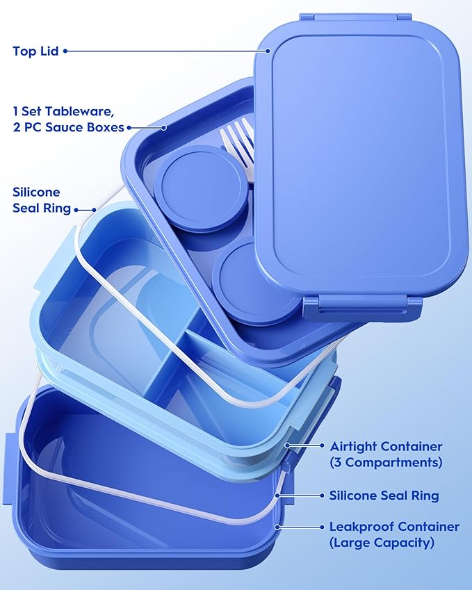 Adults Bento Box with Insulated Lunch Bag, 74oz Capacity 3 Stackable Leak-Proof Bento Box Built-In Utensil and Sauce, PFAS & BPA-Free, Microwave & Dishwasher Safe (Ocean Blue)