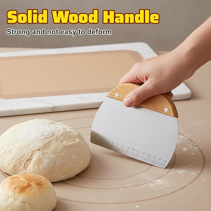 7pcs Bowl Scrapers for Bread - Dough Scraper Set, Bench Scrapers, Doughs Cutter - Yellow & Wood, Stainless Steel & Plastic