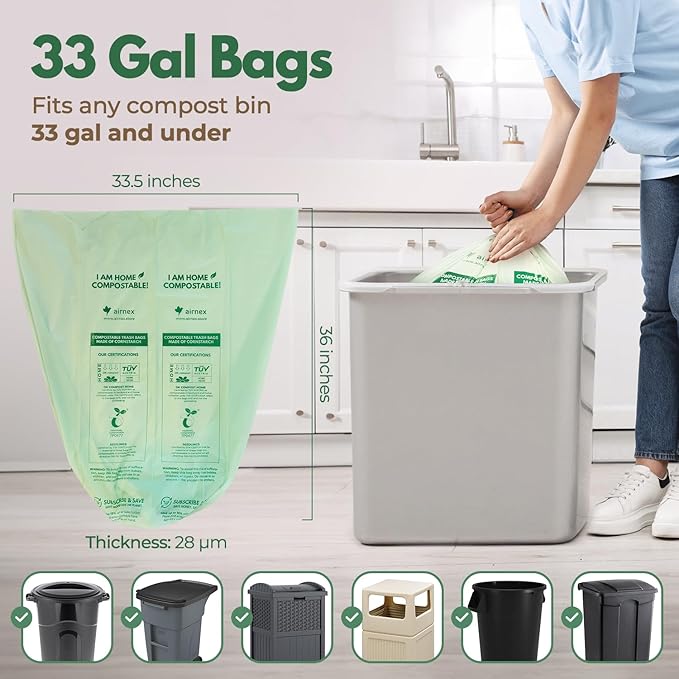 Compostable Kitchen Trash Bags 33 Gal - Cornstrarch Leakproof & Tear Resistant 40 Compost Bags - OK Compost Home & Seedling Certified 0.28 mm Kitchen Garbage Bags