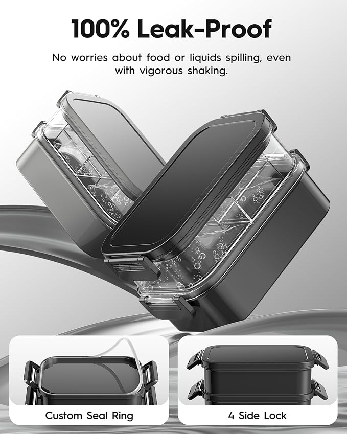 Adults Bento Box with Insulated Lunch Bag, 74oz Capacity 3 Stackable Leak-Proof Bento Box Built-In Utensil and Sauce, PFAS & BPA-Free, Microwave & Dishwasher Safe (Astral Black)