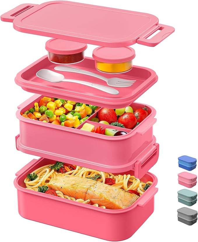 DaCool Adults Bento Box Lunch Box - Stackable All-in-One Leakproof Bento Lunch Box for Adults Women Girls 74 OZ Large Lunch Containers with Fork Spoon Sauce Boxes for Work School Dining Out, Pink