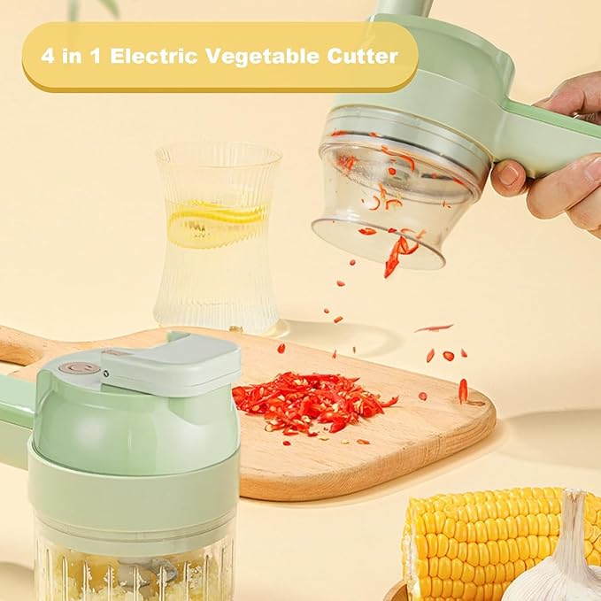 Multi-Functional Portable Wireless Vegetable Chopper - 4-in-1 Electric Food Processor for Chopping, Slicing, Grating & Whipping, with Cleaning Brush and Charging Cable