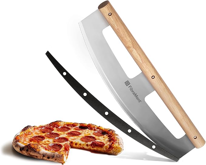 FibraMent® 16" Pizza Cutter Rocker – Stainless Steel Blade with Wood Handle & Cover, Professional Half Moon Pizza Slicer Knife for Pizzas, Pastries & More –Durable, Easy to Clean, Premium Kitchen Tool