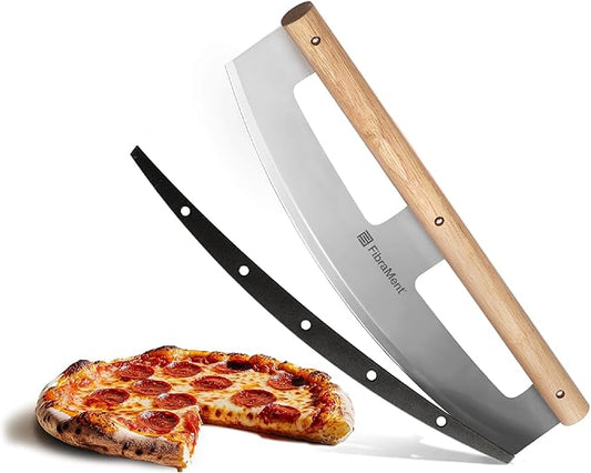 FibraMent® 16" Pizza Cutter Rocker – Stainless Steel Blade with Wood Handle & Cover, Professional Half Moon Pizza Slicer Knife for Pizzas, Pastries & More –Durable, Easy to Clean, Premium Kitchen Tool