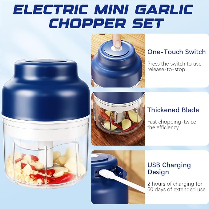 2026 Upgrade Electric Garlic Chopper Mini, Small Garlic Chopper Mincer Rechargeable, 250ml Portable Small Food Processor, Electric Food Chopper Tool for Mashing Onion Garlic Chili Ginger Fruits(Blue)