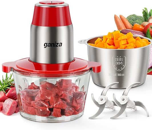 GANIZA Food Processors, Electric Food Chopper with Meat Grinder & Vegetable Chopper - 2 Bowls (8 Cup+8 Cup) with Powerful 450W Copper Motor - Includes 2 Sets of Bi-Level Blades (Red)