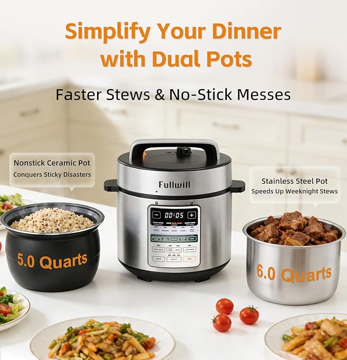 Fullwill Dual-Pot Electric Pressure Cooker,12-in-1 Multi Cooker with 6QT Stainless Steel & 5QT Ceramic Pot,Olla de Presion for Pressure,Rice,Meat Stew,Yogurt Maker