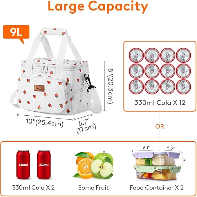 Lifewit Medium Lunch Bag Insulated Lunch Box Soft Cooler Cooling Tote for Adult Men Women, Strawberry 12-Can (9L)