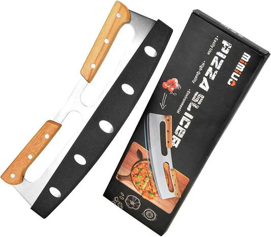 Mimiuo Stianless Steel Pizza Cutter Rocker Blade with Wooden Handles - 14 Inch Sharp Pizza Slicer with Protective Cover for All Types of Crusts Bread Vegs
