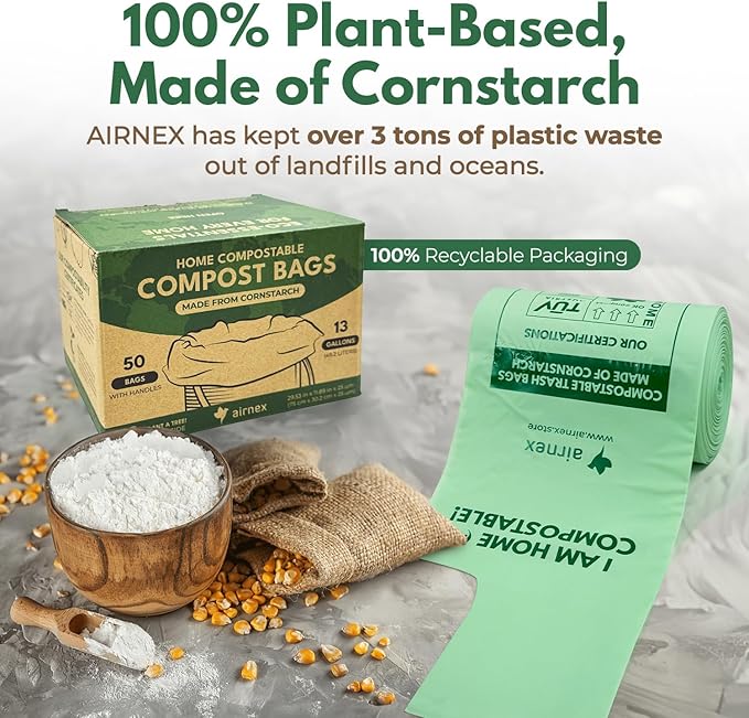 Compostable Kitchen Trash Bags 13 Gal - Cornstrarch Leakproof & Tear Resistant 50 Compost Bags - OK Compost Home & Seedling Certified 0.25 mm Kitchen Garbage Bags
