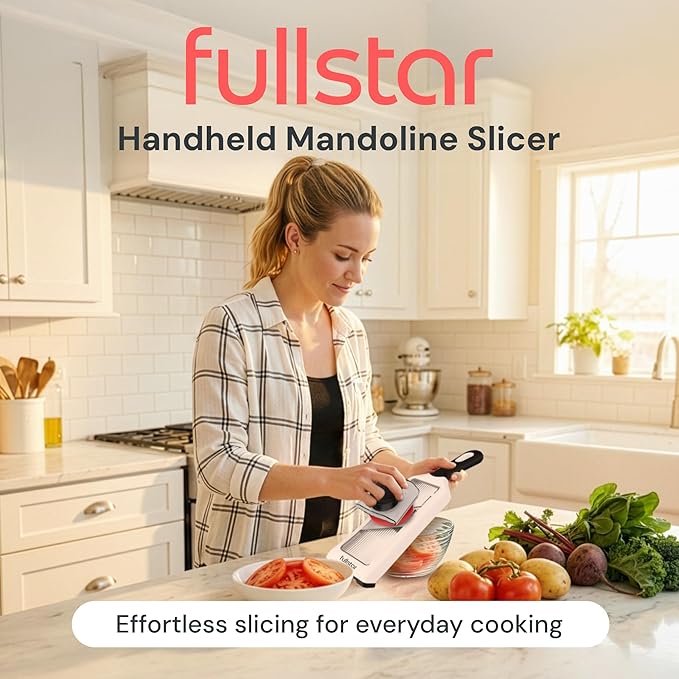 Fullstar 2-in-1 Handheld Mandoline Slicer for Kitchen - 4 Thickness Settings Vegetable Food Onion Slicer, Julienne Blade, Stainless Steel Guard, Easy to Use, Sharp Blades, Veggie Slicer & Fruit Cutter