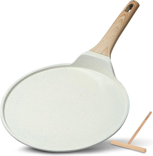 ESLITE LIFE 11 Inch Crepe Pan with Spreader, Nonstick Ceramic Coating Dosa Pan, Roti Tawa Comal Para Tortillas Pancake Griddle Pan, Induction Compatible, PTFE & PFOA Free, White