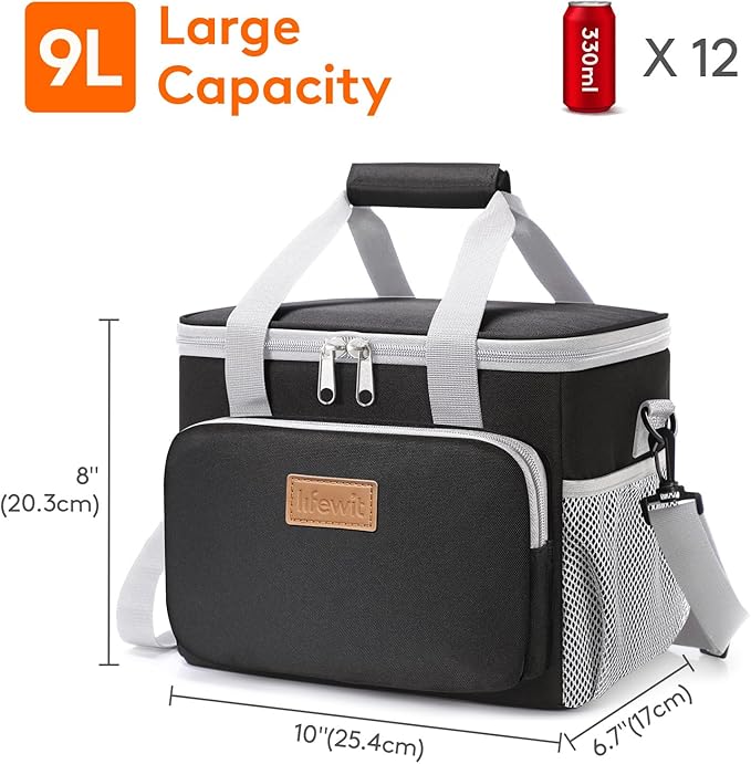 Lifewit Medium Lunch Bag Insulated Lunch Box Soft Cooler Cooling Tote for Adult Men Women, Gray and Black 12-Can (9L)
