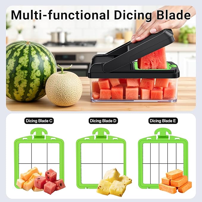 15-in-1 Vegetable Chopper, Kitchen Gadgets with 10 Blades, Veggie, Food, Onion Chopper, Cucumber Slicer, Versatile Mandoline, Includes Egg Separator & Finger Guard, Green