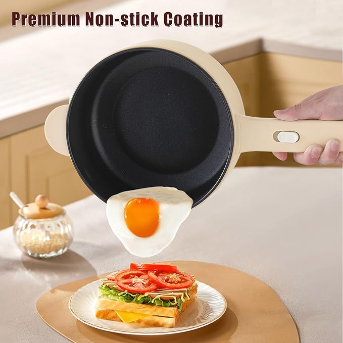 Dezin Electric Cooker, 2L Non-Stick Sauté Pan, Rapid Noodles Cooker, Mini Pot for Steak, Egg, Fried Rice, Ramen, Oatmeal, Soup with Power Adjustment, College Dorm Room Essential(Egg Rack Included)
