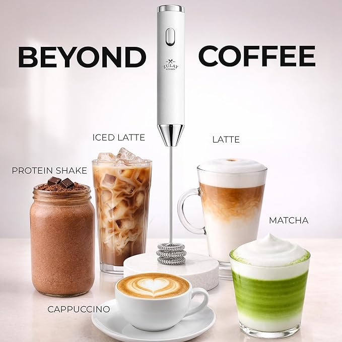 Zulay Kitchen Metal Rechargeable Milk Frother, 3 Whisk Attachments Handheld Frother Wand, 1800mAh USB-C Charging, Electric Drink Mixer for Protein, Matcha & Powders - One Charge Lasts up to 6 Months
