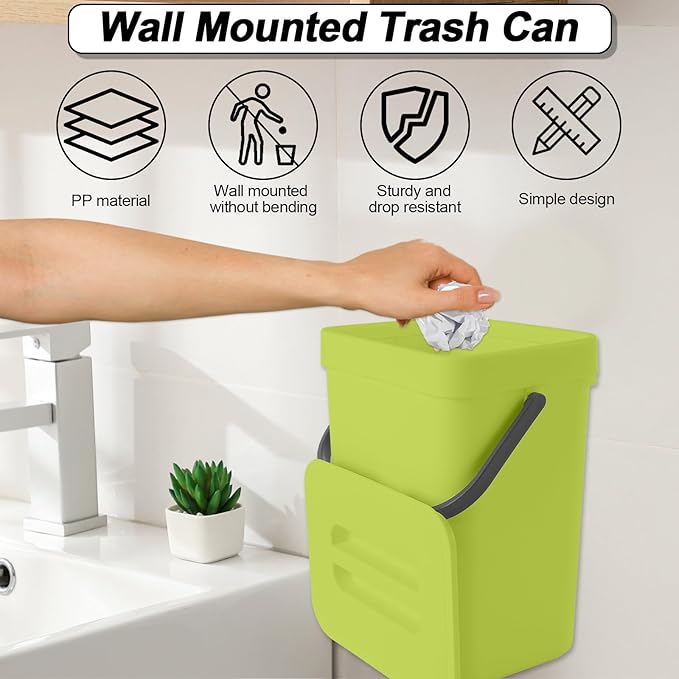 Compost Bin Kitchen, Includes 100 Trash Bags, Hanging Trash Can with Lid, Features Pet-Proof, Odor-Proof, and Quiet Opening/Closing. Suitable for Bathrooms/Bedrooms/Offices (Green, 0.8Gal/3L)