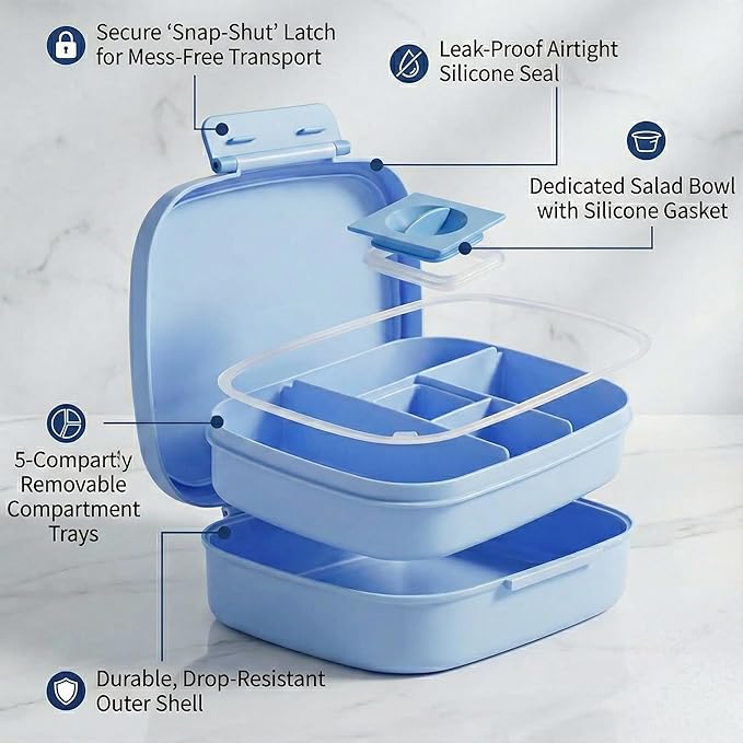 L&A's Bento Lunch Box for Kids and Adults - Leakproof 5-Compartment Lightweight Food Container, Large Capacity Meal Prep for School and Work, BPA-Free, Microwave & Dishwasher Safe (Blue)