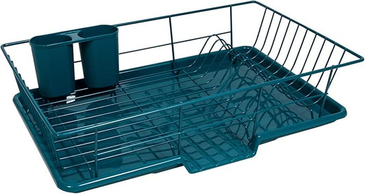 Sweet Home Collection Space-Saving 3-Piece Dish Drainer Rack Set: Efficient Kitchen Organizer for Quick Drying and Storage - Includes Cutlery Holder and Drainboard - Maximize Countertop Space, Teal