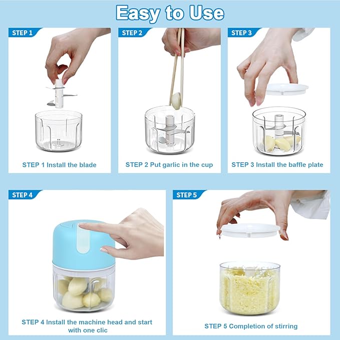 Garlic Chopper, 250ML Portable Electric Garlic Chopper with USB Charging Function, Wireless Food Processor for Chili, Fruit, Meat, Ginger, Onion etc