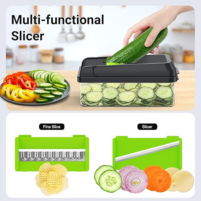 15-in-1 Vegetable Chopper, Kitchen Gadgets with 10 Blades, Veggie, Food, Onion Chopper, Cucumber Slicer, Versatile Mandoline, Includes Egg Separator & Finger Guard, Green