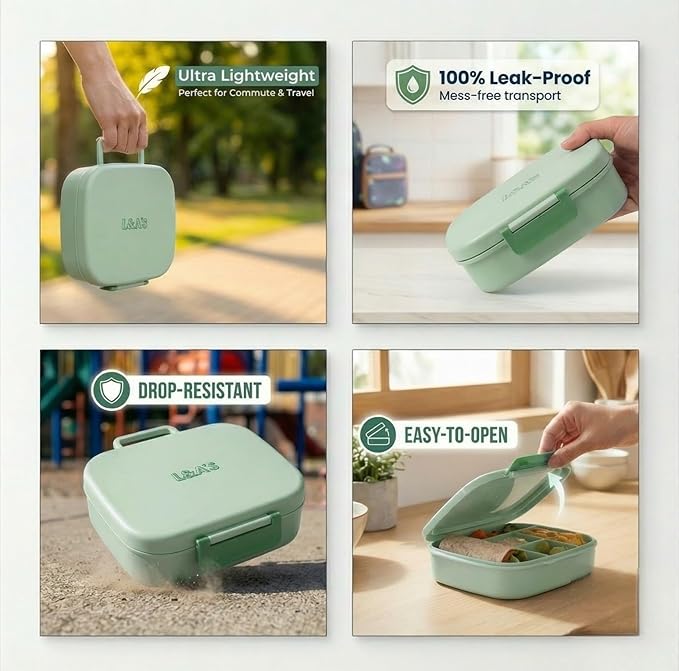 L&A's Bento Lunch Box for Kids and Adults - Leakproof 5-Compartment Lightweight Food Container, Large Capacity Meal Prep for School and Work, BPA-Free, Microwave & Dishwasher Safe (Green)