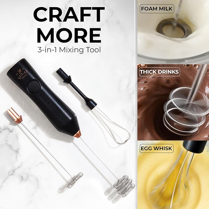 Zulay Kitchen Rechargeable Milk Frother - Dynamic - 3 Speeds, 3 Whisk Attachments, 500 mAh USB Charging, Drink Mixer For Latte, Cappuccino, Matcha, Protein Powder, Coffee Foam - Black Copper