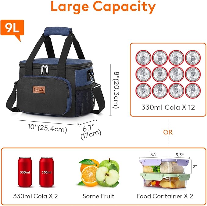 Lifewit Medium Lunch Bag Insulated Lunch Box Soft Cooler Cooling Tote for Adult Men Women, Black and Blue 12-Can (9L)