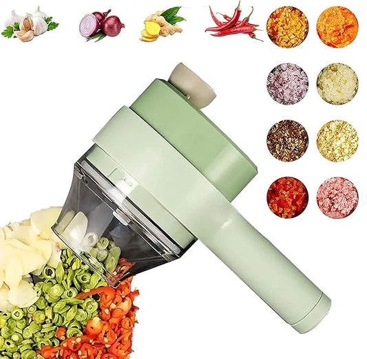 4 in 1 Handheld Electric Vegetable Cutter Set, Wireless Chopper, Garlic Mud Masher, Portable Fruit and for Garlic, Pepper, Chili, Onion, Potato, Meat (Green), 20.5X9.5X8CM/578, 21213