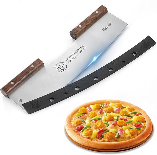 AILUROPODA Pizza Cutter Rocker with Protective Cover with Walnut Handles with LFGB Certification 14" Large Pizza Rocker Cutter Sharp Silver