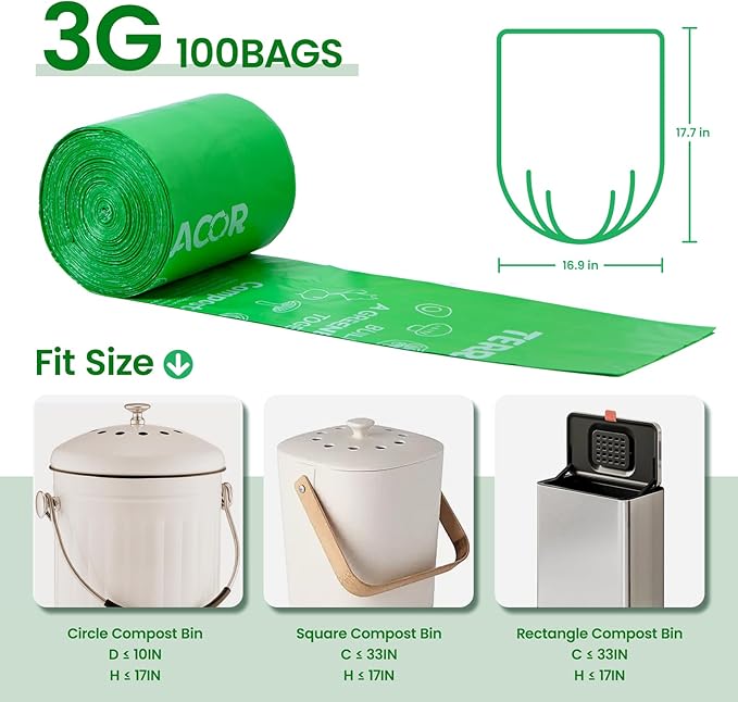 3 Gallon Compostable Food Scrap Bags, 100 Bags Compost Bags for Countertop Bin, BPI Certified and Meet The ASTM D6400 Standard