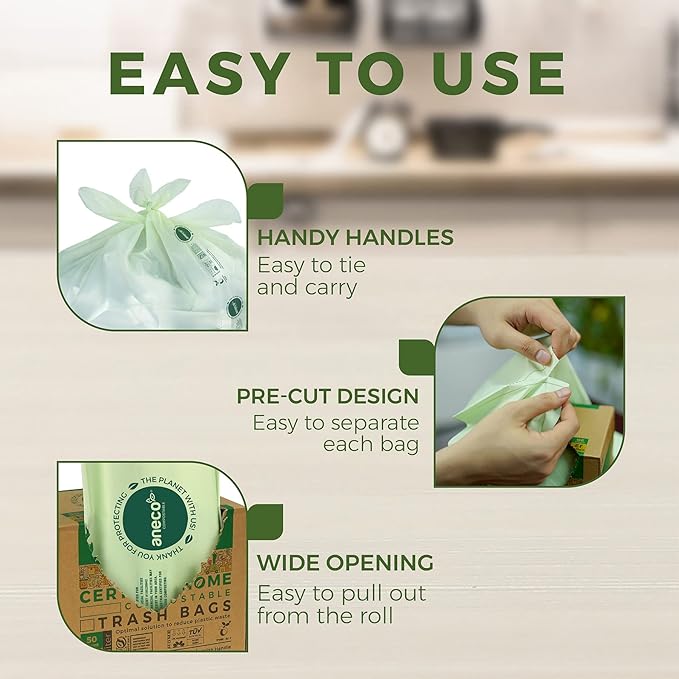 ANECO Compostable Food Waste Bags 13 Gallon, 50 Count, Extra Thick Kitchen Compost Bags With Handles, Large Compostable Bags for Tall Kitchen Bin