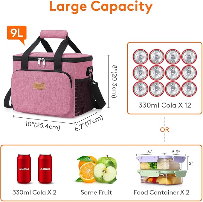 Lifewit Medium Lunch Bag Insulated Lunch Box Soft Cooler Cooling Tote for Adult Men Women, Pink 12-Can (9L)