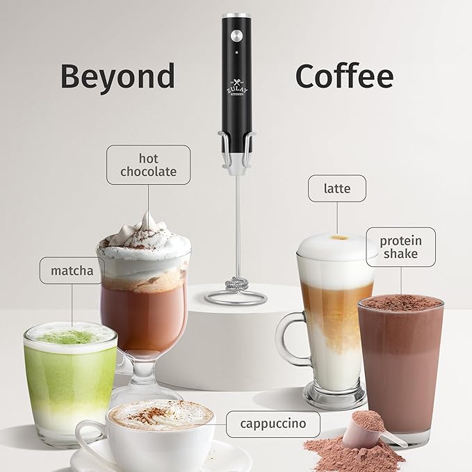 Zulay Kitchen Rechargeable Milk Frother Handheld Lux - Powerful 2-Speed Motor, Waterproof, 2000mAh Battery - Drink Mixer for Latte, Cappuccino, Matcha & Protein Powder - Obsidian Black