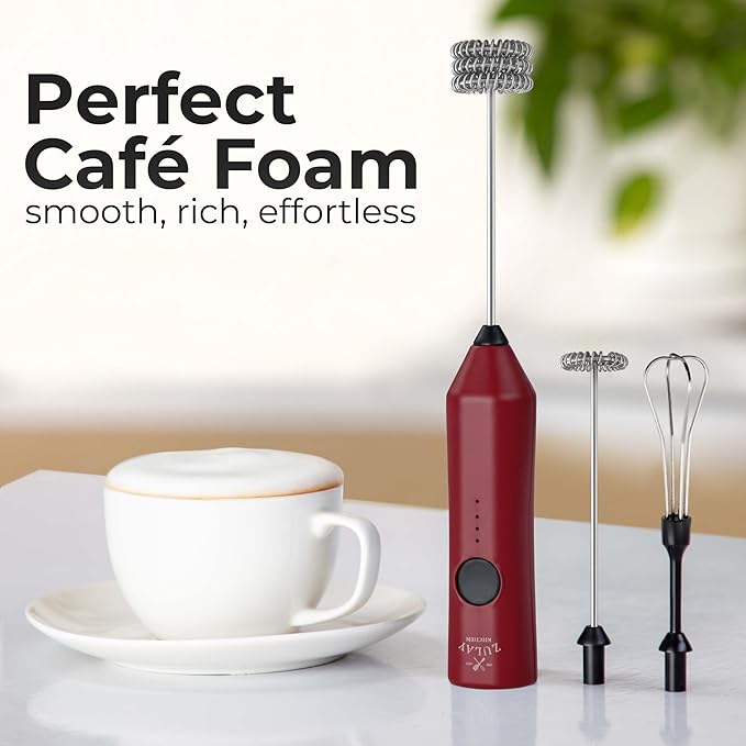 Zulay Kitchen Rechargeable Milk Frother - Dynamic - 3 Speeds, 3 Whisk Attachments, 500 mAh USB Charging, Drink Mixer For Latte, Cappuccino, Matcha, Protein Powder, Coffee Foam - Red Black