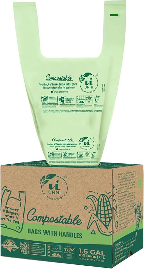 UNNI Compostable T-Shirt Bags with Tie Handles, 1.6 Gallon / 6 Liter, 200 Count Value Pack - 2 rolls × 100, 0.64 mil Small Compost Bin Liners, Certified by BPI, CMA & OK compost HOME