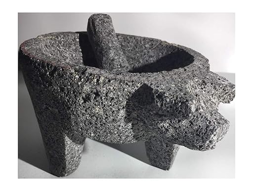 Made in Mexico Piggy Cerdo Puerco Genuine Mexican Manual Guacamole Salsa Maker Volcanic Lava Rock Stone Molcajete/Tejolote Mortar and Pestle Herbs Spices Grains 8" Large Pig
