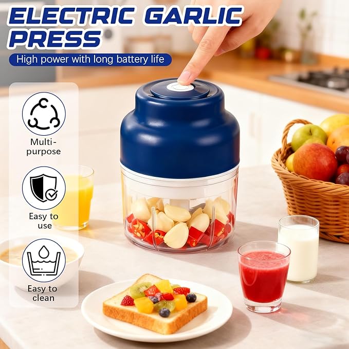 2026 Upgrade Electric Garlic Chopper Mini, Small Garlic Chopper Mincer Rechargeable, 250ml Portable Small Food Processor, Electric Food Chopper Tool for Mashing Onion Garlic Chili Ginger Fruits(Blue)
