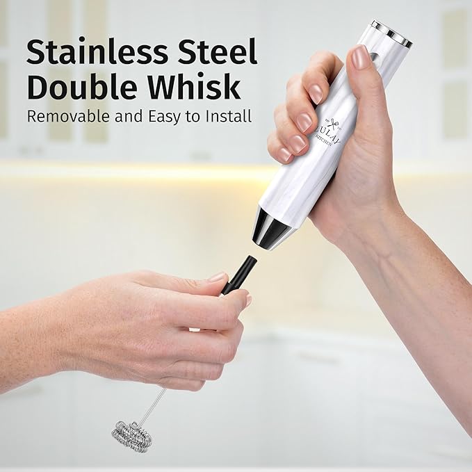 Zulay Kitchen Rechargeable Milk Frother Handheld Lux - Powerful 2-Speed Motor, Waterproof, 2000mAh Battery - Drink Mixer for Latte, Cappuccino, Matcha & Protein Powder - White Marble