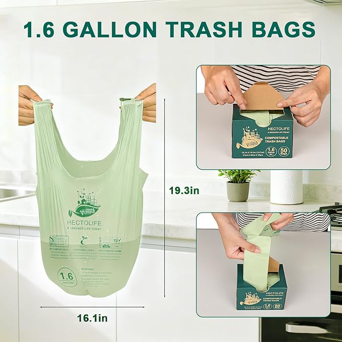 1.6 Gallon 100 Count,Compostable Bags Handle Tie,Tear Resistant Kitchen Food Scrap Waste Bag, ASTM D6400, US BPI and Europe OK Compost Home Certified