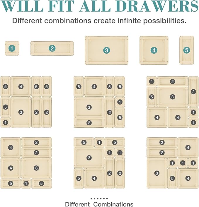 10 PCS Drawer Organizer Set, 5 Varied Size Bathroom and kitchen Drawer cabinet organizer Trays, Clear Storage Bins for Makeup, Jewelry, Utensils and Gadgets, Champagne